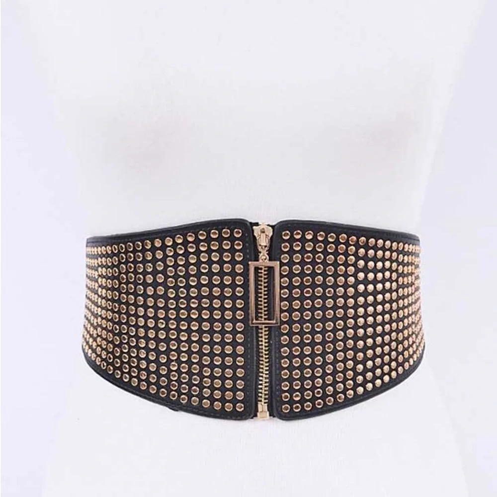 Black Leather Wide Elastic Studded Waist Statement Belt